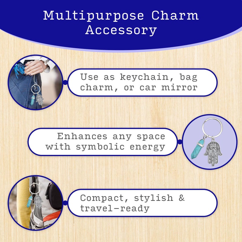 LUCKBOOSTIUM Hamsa Hand Evil Eye Keychain Charm, Crystal Key Holder, Bag Ring Decoration, Protection Amulet with Gemstone Accents for Luck, Healing & Positive Energy - Blue Turquoise (1.5â€x3â€) - Image 4